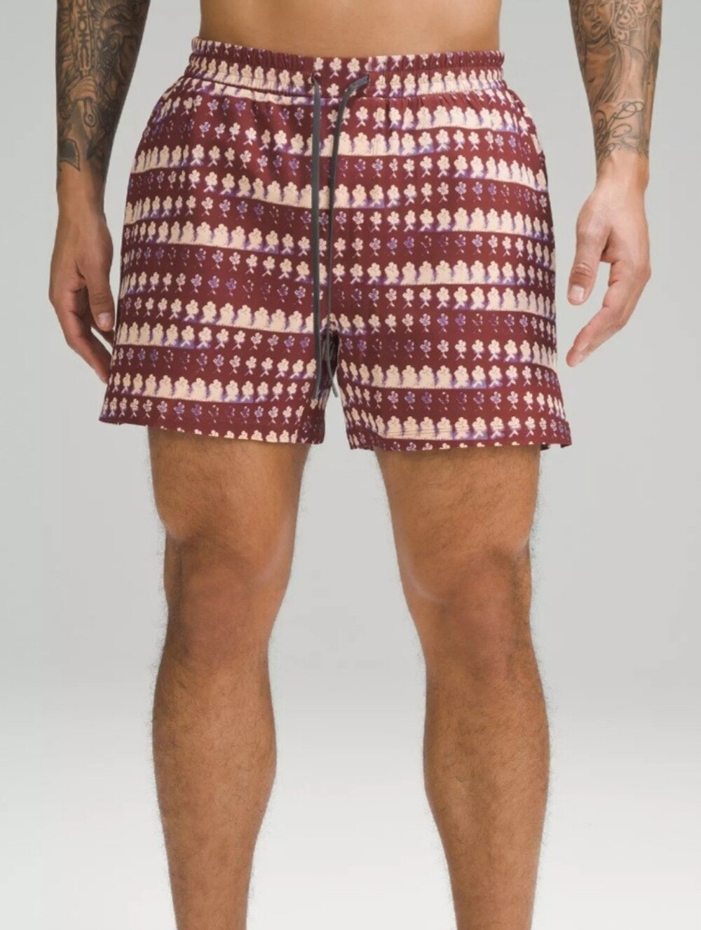 lululemon🛍 athletica Men's Burgundy Patterned Shorts with Cream Accents